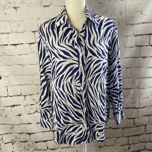 Finley Blouse Womens Size Medium Monica Zebra‎ Print Button Up Made in USA Blue